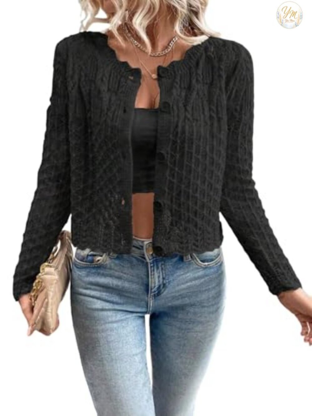 Women's Cropped Hollow Out Knit Cardigan Sweater Scalloped Crewneck Long Sleeve